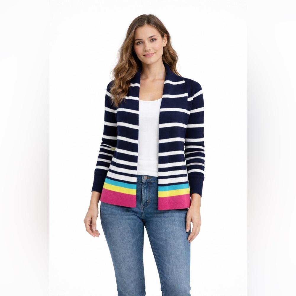 Lilly Pulitzer Stripe Open Cardigan Style‎ 33619 Size L Cotton Colorblock Hem